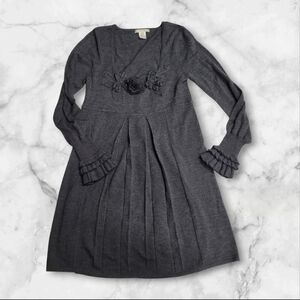 Vintage Nanette Lepore 100% Floral Ruffle Sweater Dress Long Sleeve Grey Size M